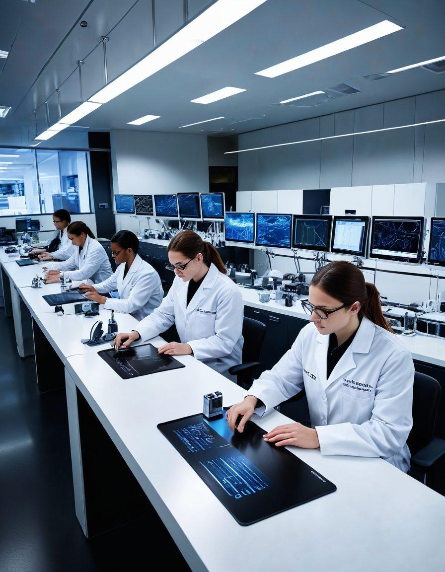 A sleek modern laboratory filled with cutting-edge analytical instruments, showcasing high-tech equipment like mass spectrometers, chromatographs, and microscopes on sleek countertops. Include scientists in lab coats attentively examining results, with digital screens displaying data and graphs. The environment should feel bright and innovative, emphasizing precision and technology. vibrant colors. super-realistic.
