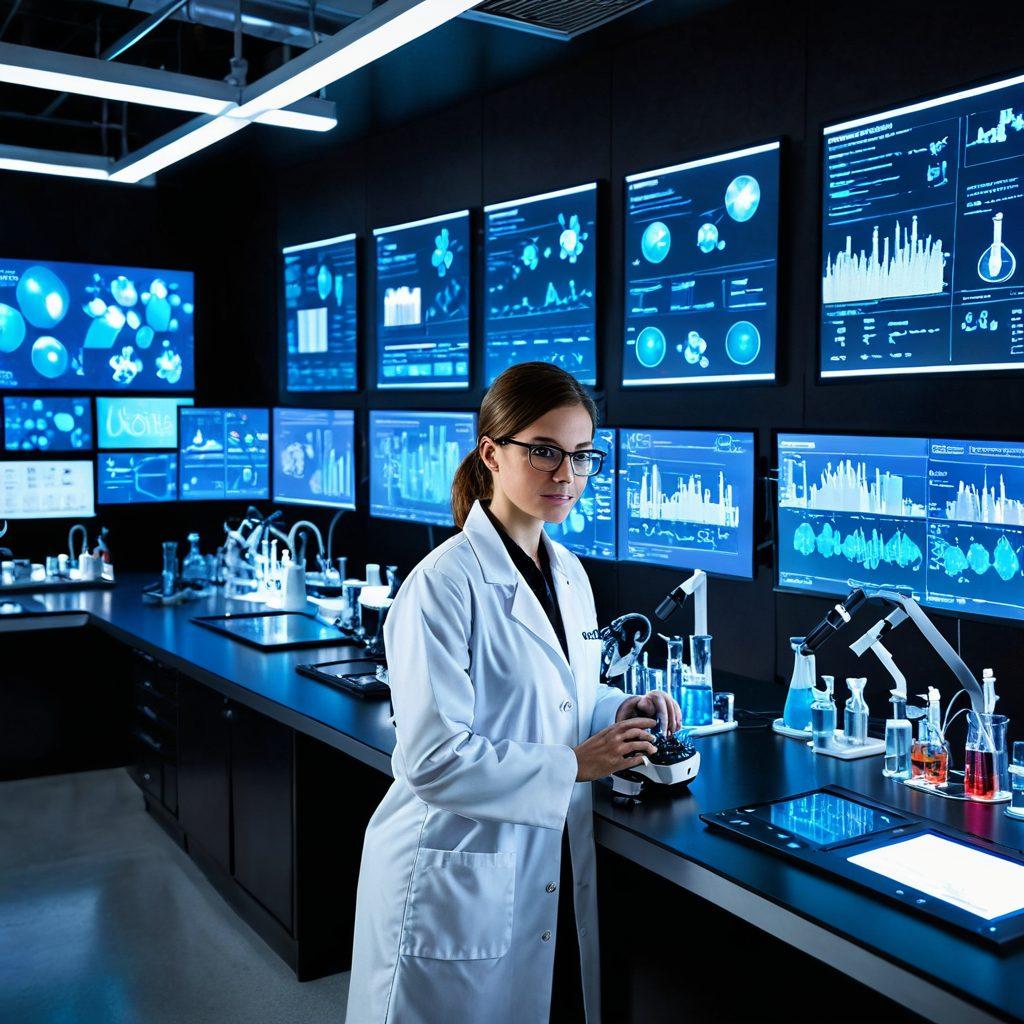 A sleek modern laboratory filled with cutting-edge scientific apparatus and equipment, showcasing glass beakers, high-tech microscopes, and colorful chemical reactions. The scene is illuminated by soft blue lighting, giving an innovative and inspiring atmosphere. In the background, a large digital screen displays data and graphs related to research findings. A scientist in a white lab coat is engaged in an experiment, highlighting collaboration and creativity in science. super-realistic. vibrant colors. soft blue lighting.